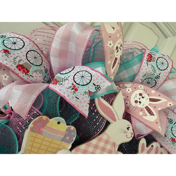 Happy Easter Bunny Rabbit Bicycle Deco Mesh Ribbon Spring Wreath Door Hanger - Picture 3 of 9